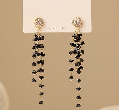 Obsidian Black Crystal Tassel Earrings