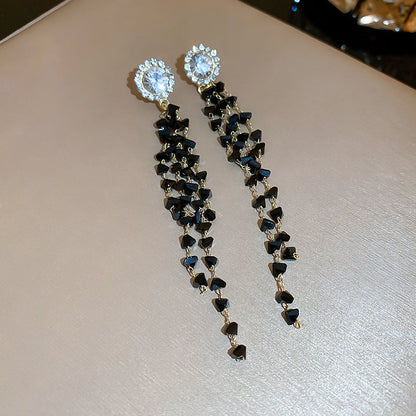 Obsidian Black Crystal Tassel Earrings